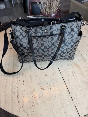 2013 Coach Gray Signature Monogram in Coated Leather 2 Way Diaper Bag
